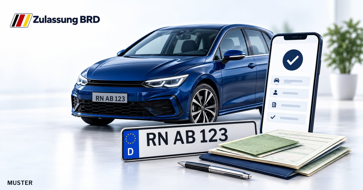 Online Fahrzeugzulassung in Wustermark: Musterkennzeichen RN AB 123, Auto und Fahrzeugpapiere und Smartphone. Illustration mit Logo von Zulassung BRD.